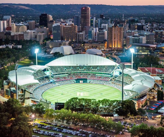 Adelaide oval city parking event skyline aerial torrens river